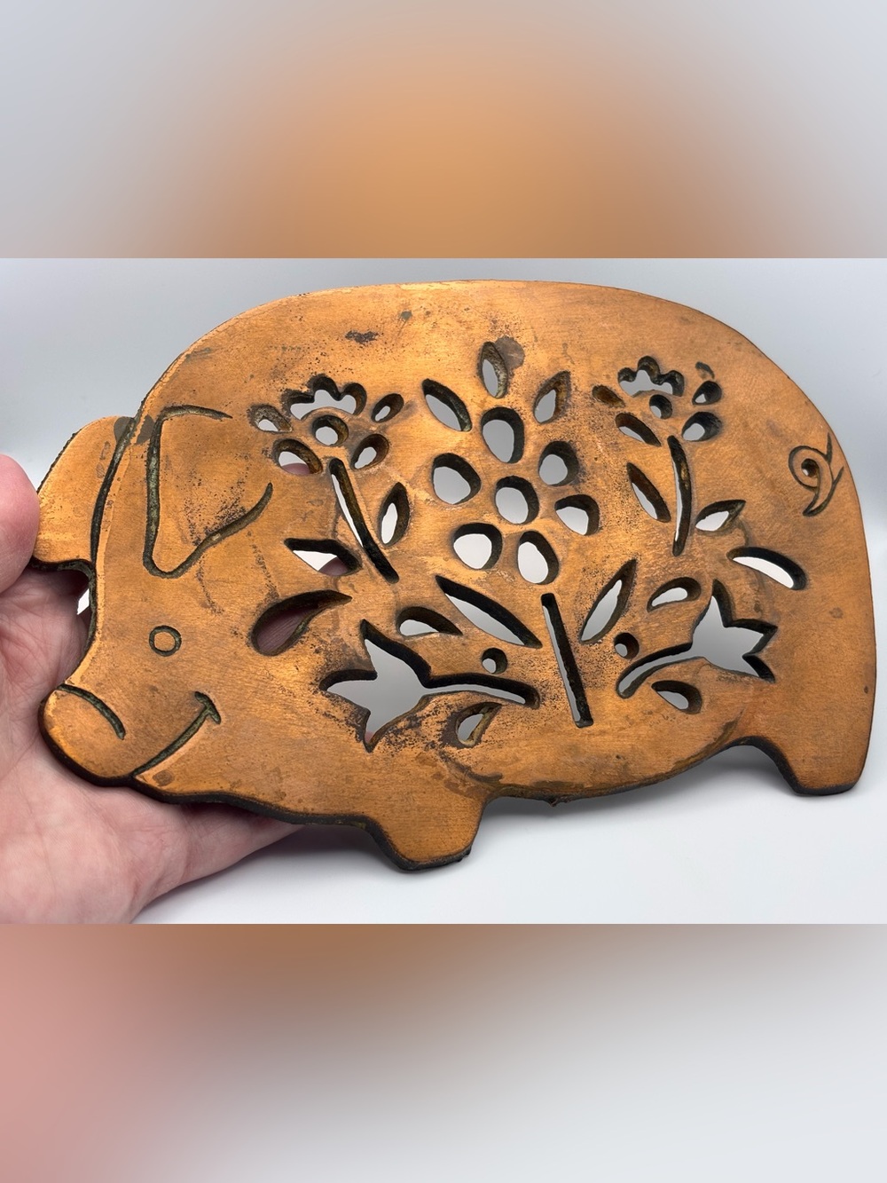 Vintage Pig-Shaped Trivet with Floral Design, Copper-Plated Cast Iron by Himark